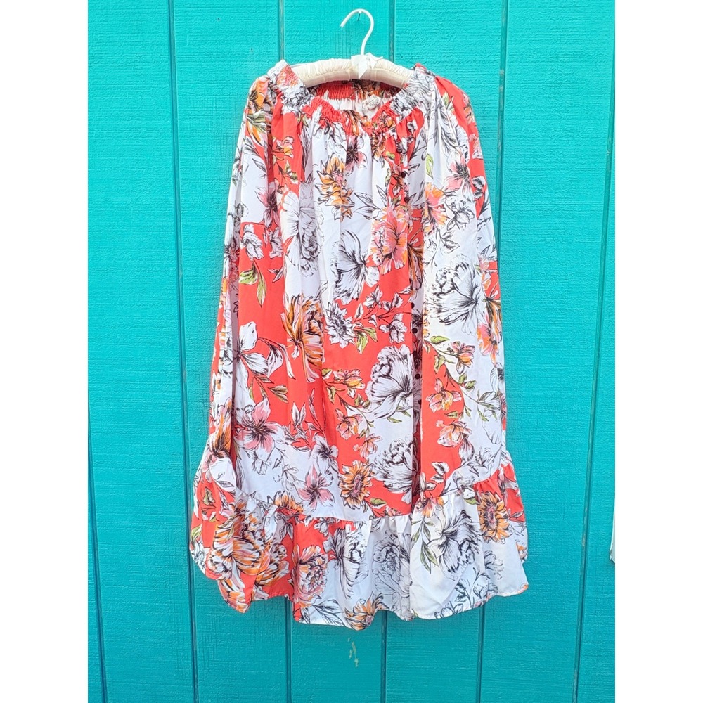 Gypsieโ Blu Womens Floral Maxi Skirt Coral Orange White Elastic Waist Pockets L